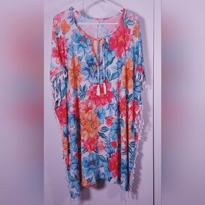 Swimsuit Coverup Fringe Floral Tassels Tropical Beach Resort Batwing One Size